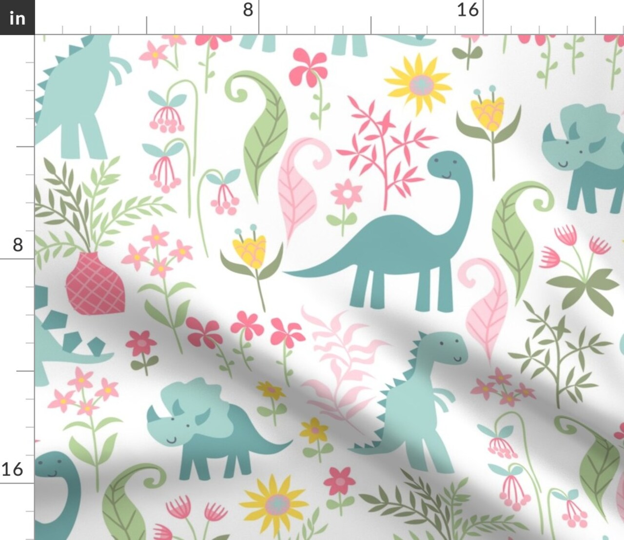 Cute Dinosaurs Pink Teal Aqua Whimsical Floral Sweet Girly Stegosaurus T-Rex Triceratops Custom Printed Fabric by Spoonflower Various Fabrics by the Yard or Fat Quarter